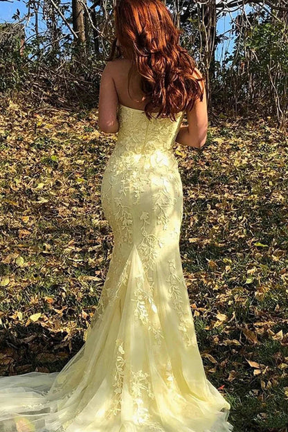 Pretty Strapless Prom Dress Mermaid Lace Long Evening Dress with Split Graduation Dress DP483