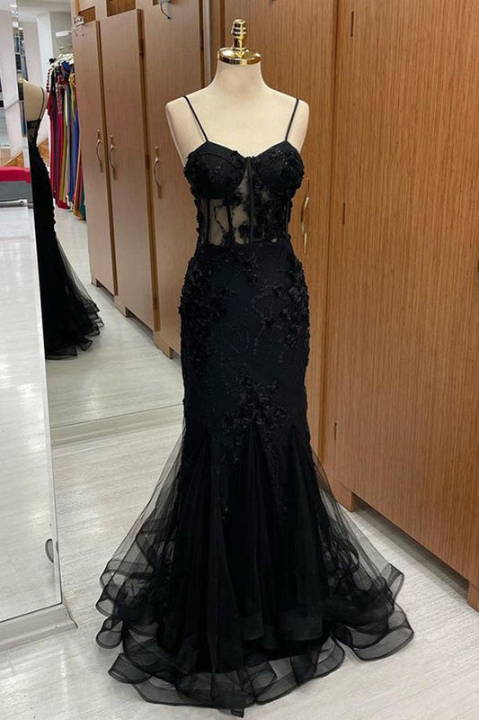 Classy Black Sweetheart Straps Mermaid Appliques Tulle Long Prom Dress DP484