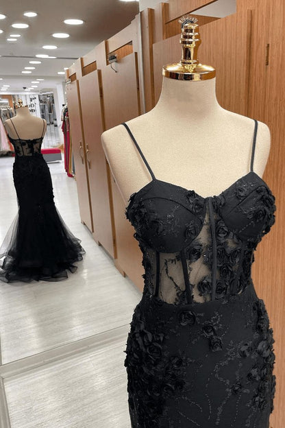 Classy Black Sweetheart Straps Mermaid Appliques Tulle Long Prom Dress DP484