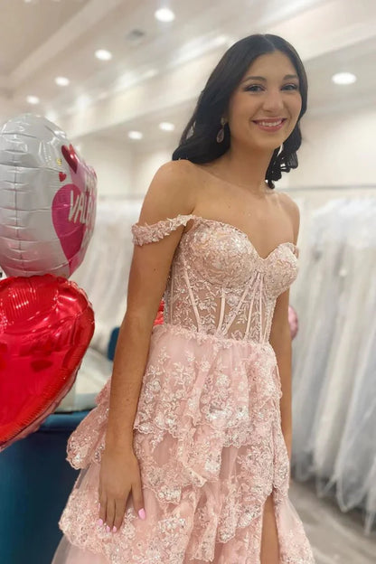 Pretty Off the Shoulder High Slit Pink Lace Long Prom Dress with Train, Off the Shoulder Pink Formal Dress Graduation Dress DP489
