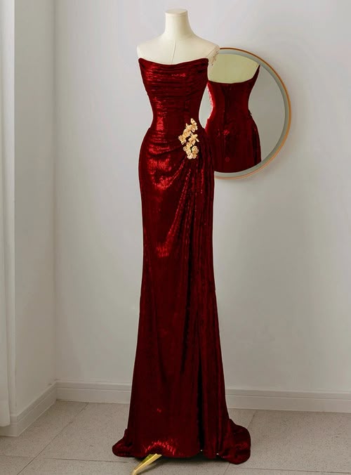Classy Burgundy Sequins Strapless Pleats Prom Dress Bridesmaid Dresses Long formal Dress DP491