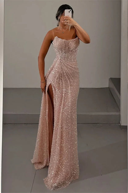 Classy Classic Strapless Sleeveless Mermaid Evening Gowns With Split Sequins Long formal Dress DP492