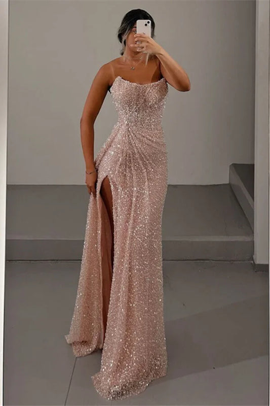 Classy Classic Strapless Sleeveless Mermaid Evening Gowns With Split Sequins Long formal Dress DP492