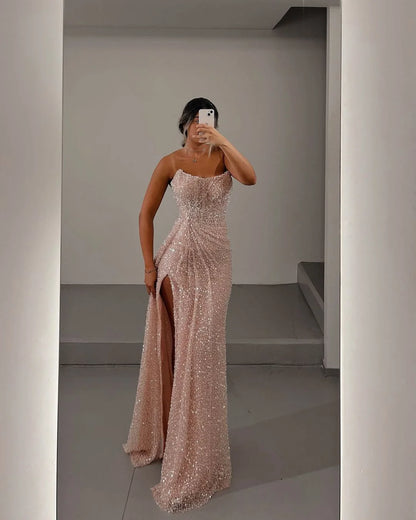 Classy Classic Strapless Sleeveless Mermaid Evening Gowns With Split Sequins Long formal Dress DP492