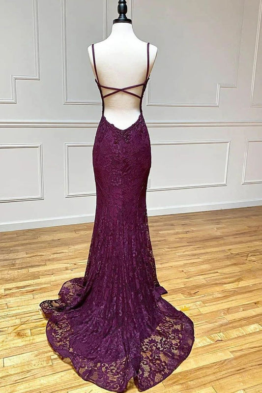 Robe de bal sirène élégante en dentelle, bretelles spaghetti, col en V, longue, DP493