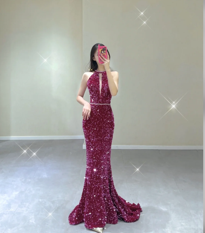 Pretty Mermaid High Neckline Sequin Sleeveless Long Prom Dresses Evening Dresses DP494