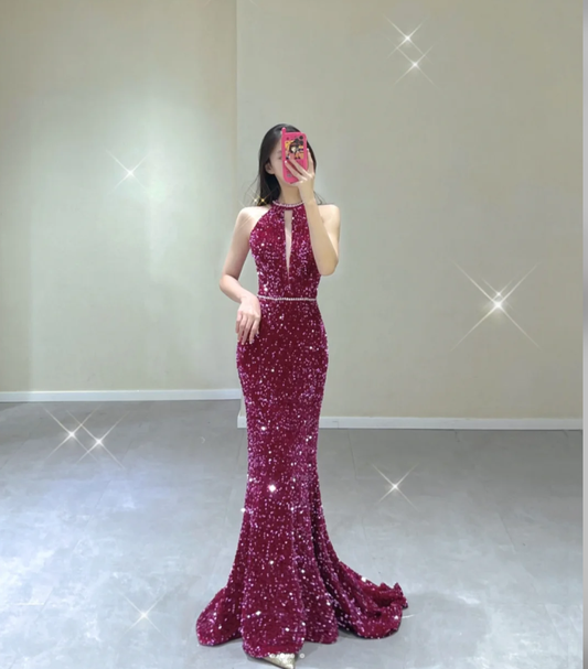 Pretty Mermaid High Neckline Sequin Sleeveless Long Prom Dresses Evening Dresses DP494