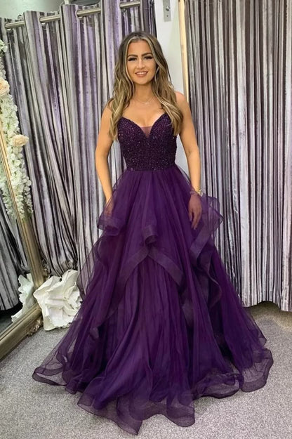 Classy A-Line V Neck Tulle Prom Dresses with Beading Long Formal Dress DP494