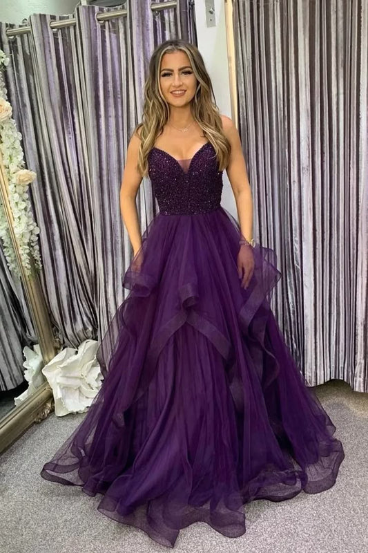 Classy A-Line V Neck Tulle Prom Dresses with Beading Long Formal Dress DP494