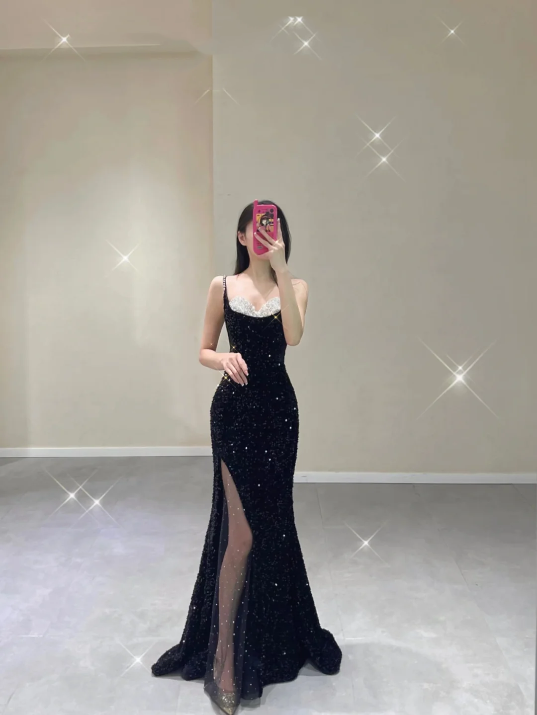 Pretty Mermaid Spaghetti Straps Black Sequin Sleeveless Long Prom Dresses Evening Dresses DP495