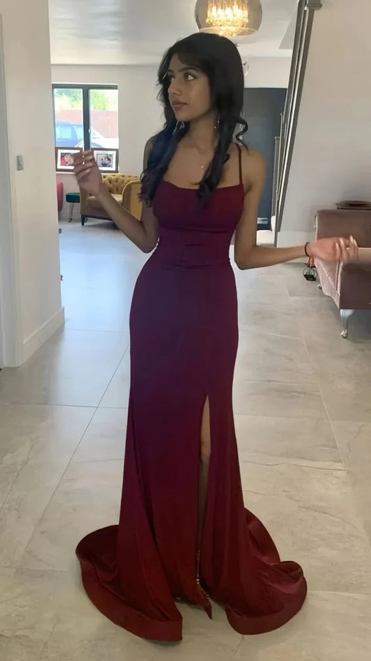 Classy Elegant Sheath Spaghetti Straps Burgundy Slit Sequin Prom Dresses Long Evening Dress Long Formal Dress DP495