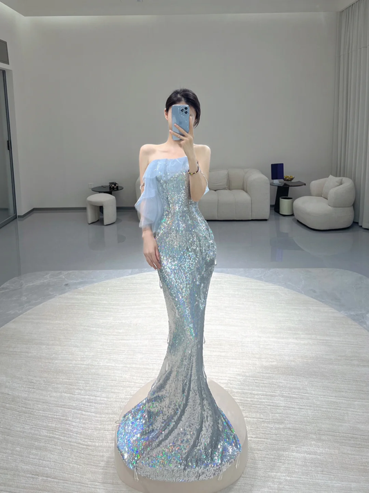 Pretty Mermaid Strapless Blue Sequin Sleeveless Long Prom Dresses Evening Dresses DP498