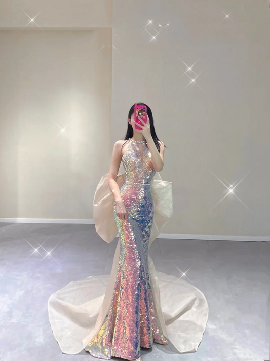 Pretty Mermaid Scoop Sequin Sleeveless Long Prom Dresses Evening Dresses DP499