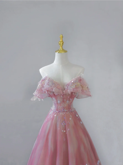 Fairy-tale A Line Off The Shoulder Pink Tulle Long Prom Dresses Evening Dresses DP501