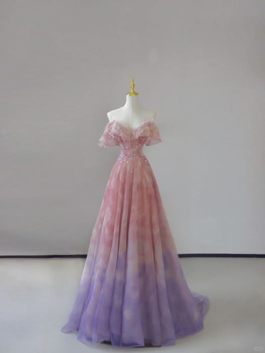 Fairy-tale A Line Off The Shoulder Pink Tulle Long Prom Dresses Evening Dresses DP501