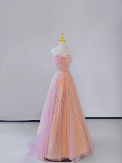 Gorgeous A Line Sweetheart Sleeveless Sequin Pink Long Prom Dresses Graduation Dresses DP502