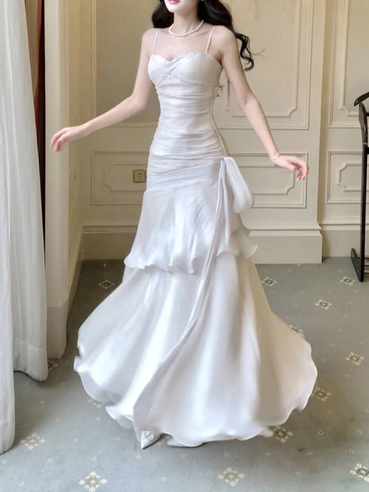 White Satin Sweetheart Mermaid Straps Long Party Dress, White Satin Prom Dress Formal Dress DP502