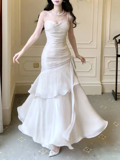 White Satin Sweetheart Mermaid Straps Long Party Dress, White Satin Prom Dress Formal Dress DP502