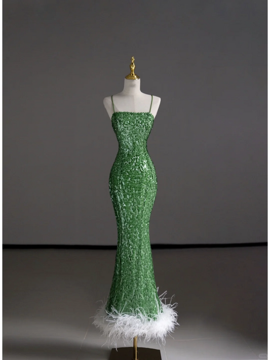 Gorgeous Sheath Spaghetti Straps Green Sleeveless Sequin Long Prom Dresses Graduation Dresses DP504