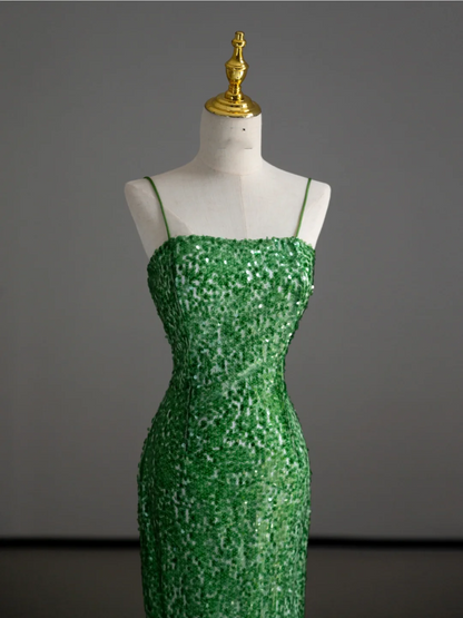 Gorgeous Sheath Spaghetti Straps Green Sleeveless Sequin Long Prom Dresses Graduation Dresses DP504