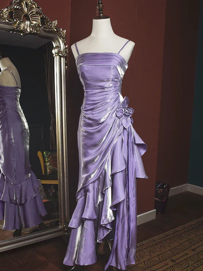 Pretty Charming Mermaid High Low Satin Straps Party Dress Vintage Style Prom Dress Graduation Dress DP505