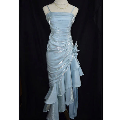 Pretty Charming Mermaid High Low Satin Straps Party Dress Vintage Style Prom Dress Graduation Dress DP505