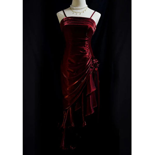 Pretty Charming Mermaid High Low Satin Straps Party Dress Vintage Style Prom Dress Graduation Dress DP505