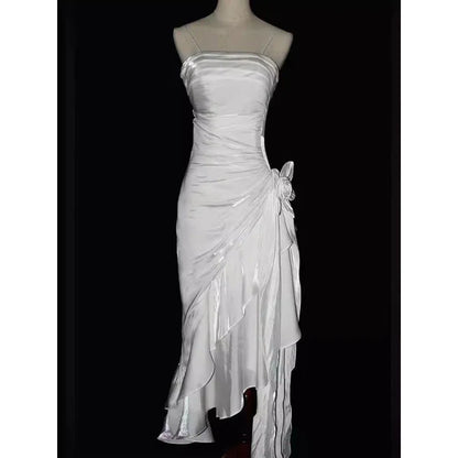 Pretty Charming Mermaid High Low Satin Straps Party Dress Vintage Style Prom Dress Graduation Dress DP505