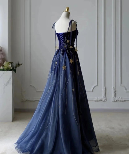 Classy Ball Gown Straps Blue Tulle Prom Dresses Birthday Dresses Dance Party Dress Graduation Prom Dresses DP506