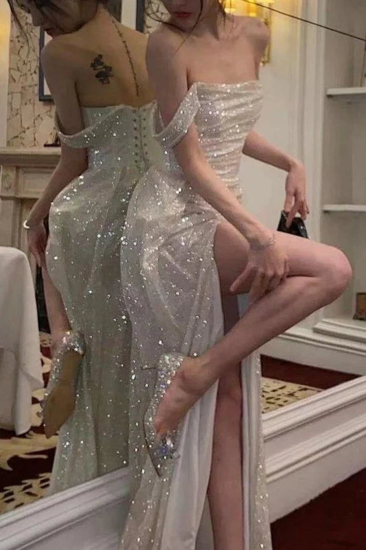 Sparkling Mermaid Off the Shoulder Silver Sequins Long Prom Dress with Split Front Formal Dresses DP507