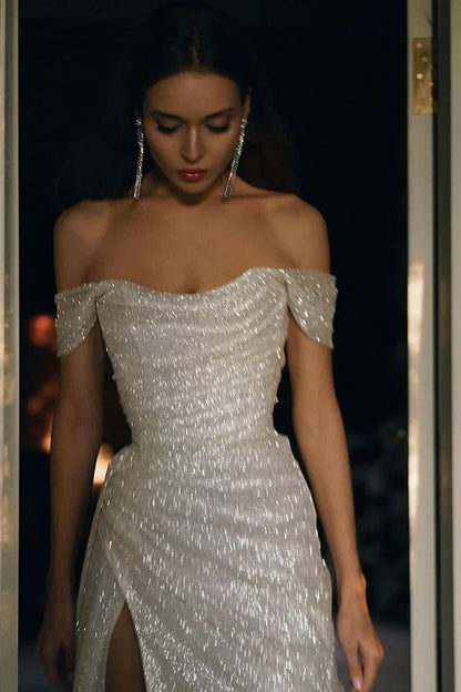 Sparkling Mermaid Off the Shoulder Silver Sequins Long Prom Dress with Split Front Formal Dresses DP507