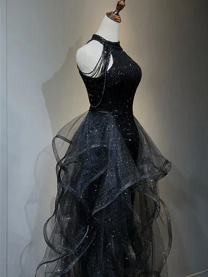 Sparkling Sequined with Crystals Sequin Ruffles Long Prom Dress Graduation Formal Dresses DP508