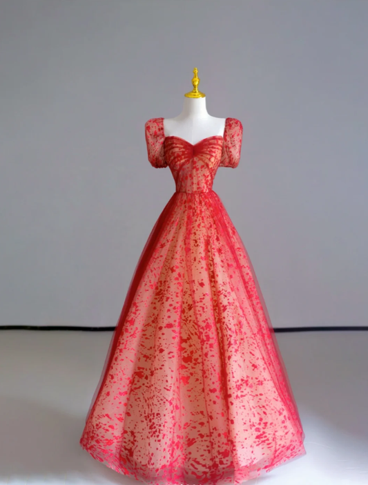 Fairy-tale A Line Sweetheart Red Tulle Long Prom Dresses Evening Dresses DP508