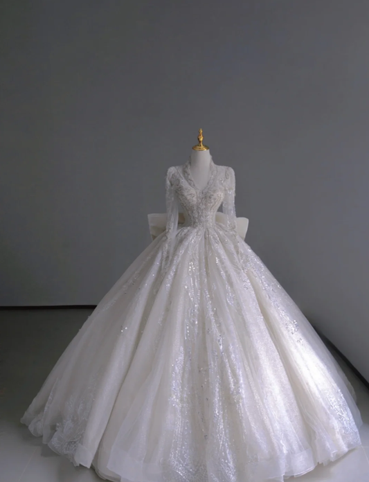 Timeless Ball Gown V Neckline Long Sleeves Long Satin White Sweep Train Wedding Dresses Brides Dress DP509