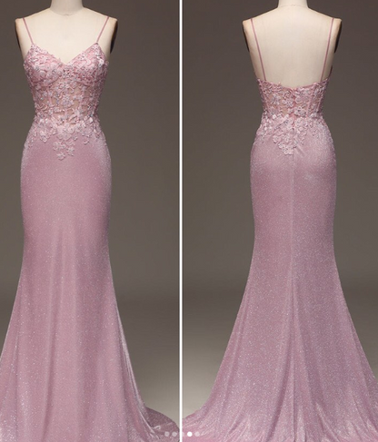 Edles Glitzer-Rouge-Meerjungfrauen-Spaghettiträger-langes Ballkleid mit Perlenbesatz Abschlusskleider DP511