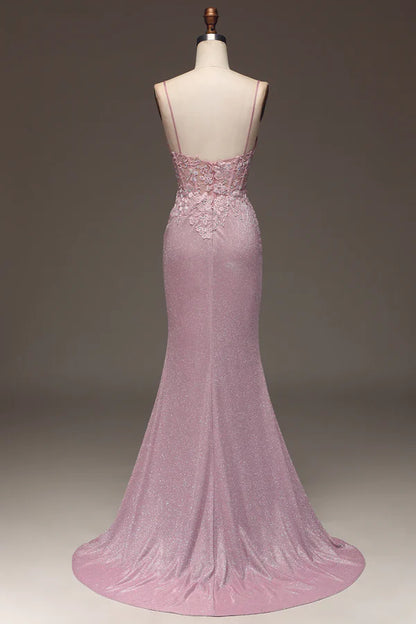 Classy Glitter Blush Mermaid Spaghetti Straps Long Prom Dress With Beading Graduation Dresses DP511