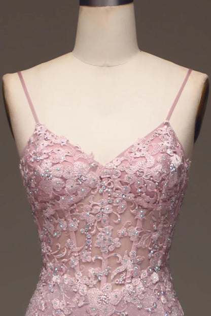 Classy Glitter Blush Mermaid Spaghetti Straps Long Prom Dress With Beading Graduation Dresses DP511
