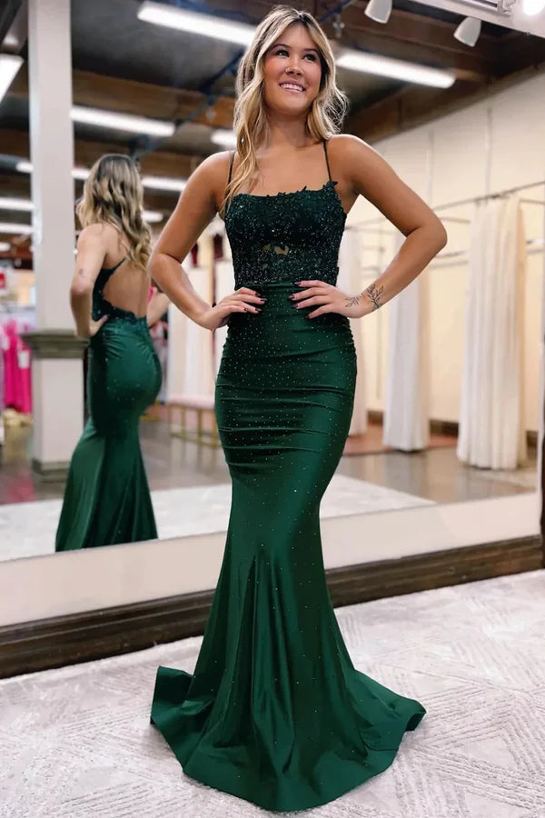 Classy Sparkly Dark Green Beaded Long Prom Dress with Appliques Graduation Dresses DP514