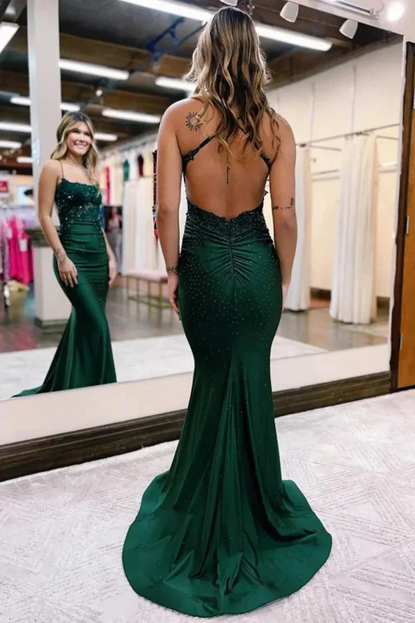 Classy Sparkly Dark Green Beaded Long Prom Dress with Appliques Graduation Dresses DP514