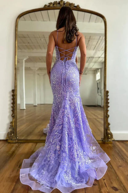 Classy Mermaid Lilac Sequin Lace Long Prom Dresses Graduation Dresses DP515