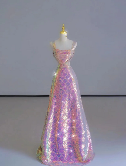 Pretty Sheath Square Neckline Sequin Sleeveless Long Prom Dresses Evening Dresses DP516