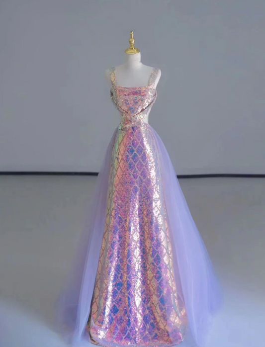 Pretty Sheath Square Neckline Sequin Sleeveless Long Prom Dresses Evening Dresses DP516