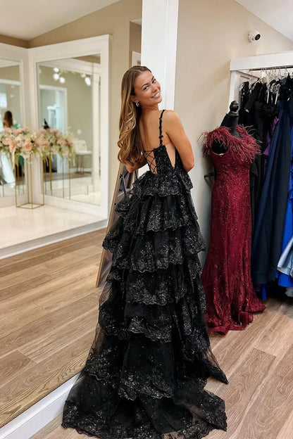 Classy Black Sweetheart Tiered Sequin Lace Long Prom Dresses Graduation Dresses DP519