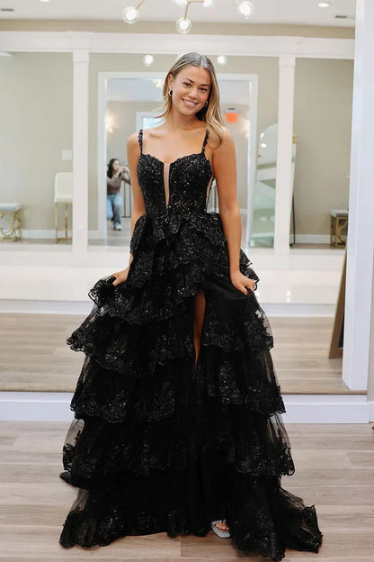 Classy Black Sweetheart Tiered Sequin Lace Long Prom Dresses Graduation Dresses DP519