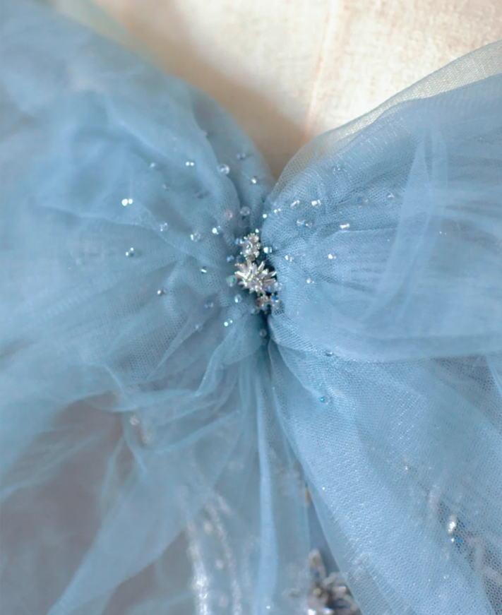 Pretty Ball Gown Strapless Blue Tulle l Sleeveless Long Prom Dresses Evening Dresses DP520