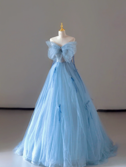Pretty Ball Gown Strapless Blue Tulle l Sleeveless Long Prom Dresses Evening Dresses DP520