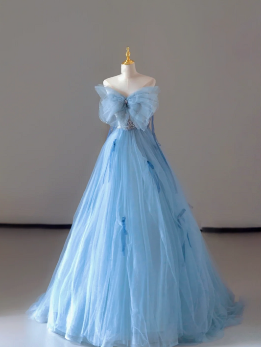 Pretty Ball Gown Strapless Blue Tulle l Sleeveless Long Prom Dresses Evening Dresses DP520