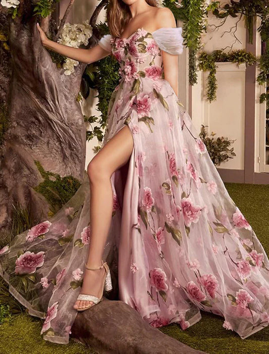Classy Prom Dresses Floral Dress Formal Wedding Guest Sweep Train Sleeveless Off Shoulder Lace Graduation Dresses DP520