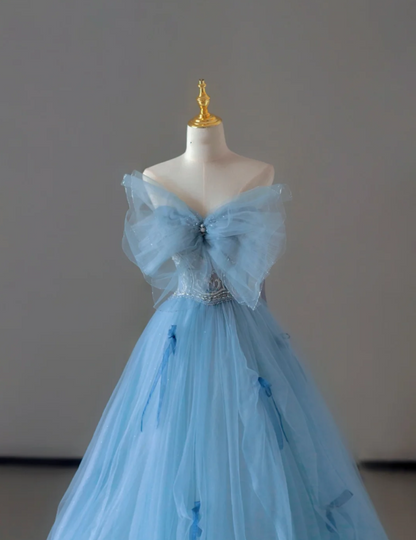 Pretty Ball Gown Strapless Blue Tulle l Sleeveless Long Prom Dresses Evening Dresses DP520