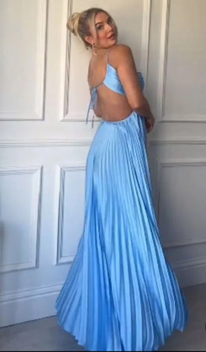 Robe de bal longue plissée ajourée bleue sans manches, coupe A-line, col licou, élégante, DP521